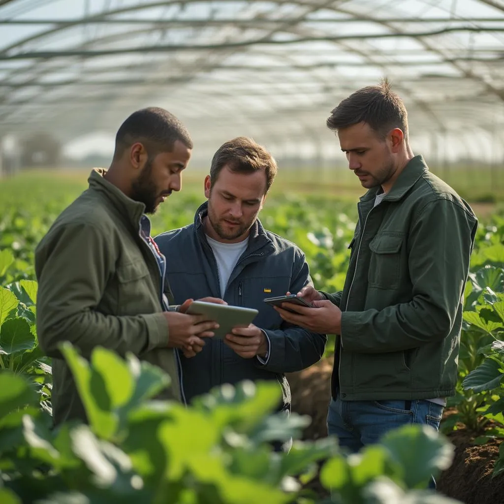 Equipo de consultores analizando cultivos en campo